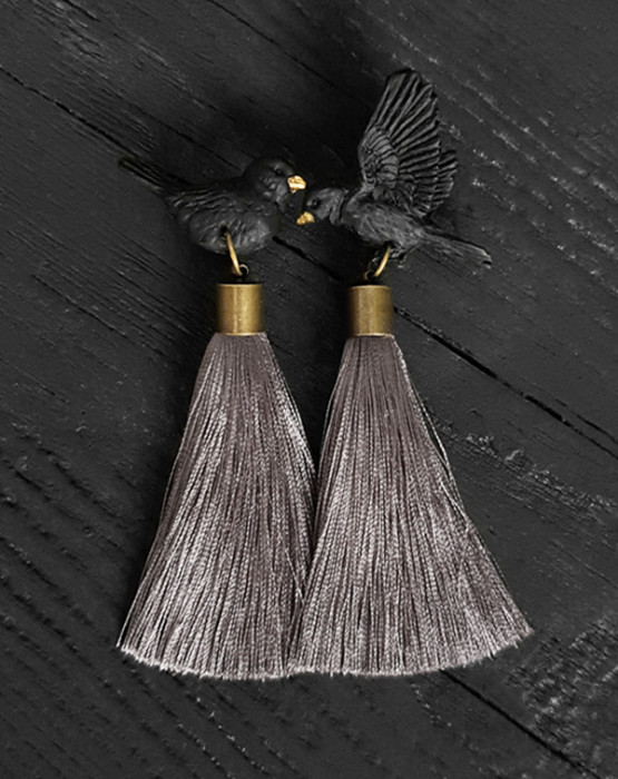 Earrings &quot;Black thrush&quot; graphite gray color